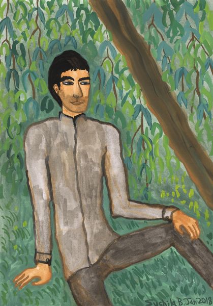 Man sitting under weeping willow. A painting by Sushila Burgess.