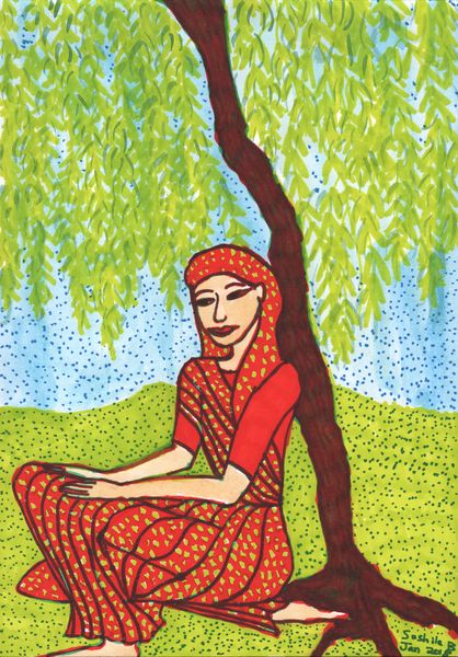 Woman under Willow in progress 2. A painting by Sushila Burgess.