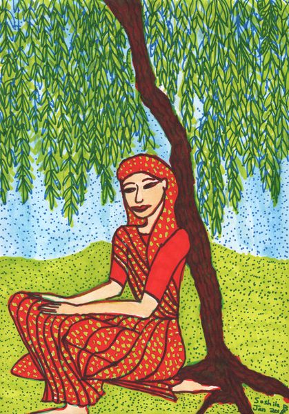 Woman in red sari under weeping willow. A painting by Sushila Burgess.