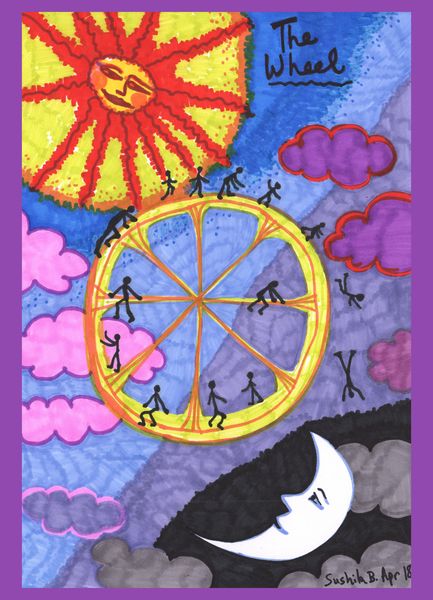 Tarot of the Younger Self: the Wheel. 
		A drawing by Sushila Burgess.