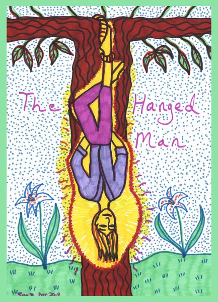 Tarot of the Younger Self: the Hanged Man. 
		A drawing by Sushila Burgess.