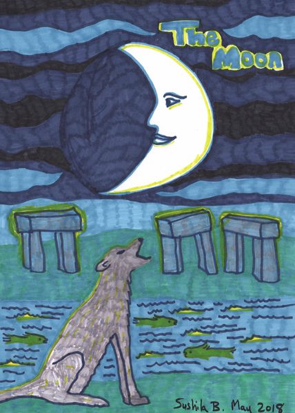 Tarot of the Younger Self: The Moon. 
		A drawing by Sushila Burgess.