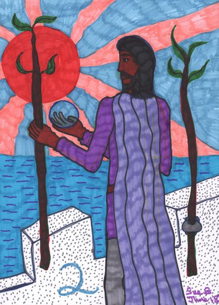 Tarot of the Younger Self: Two of Wands. 
		A drawing by Sushila Burgess.