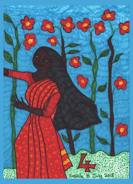 Tarot of the Younger Self: Four of Wands. 
		A drawing by Sushila Burgess.