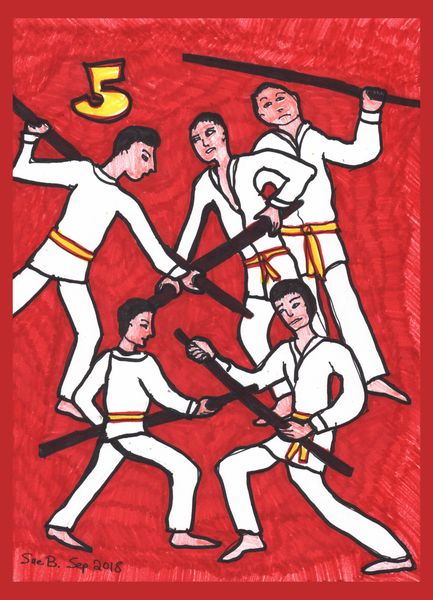 Tarot of the Younger Self: Five of Wands. 
		A drawing by Sushila Burgess.