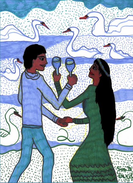 Tarot of the Younger Self: Two of Cups. 
		A drawing by Sushila Burgess.