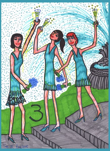 Tarot of the Younger Self: Three of Cups. 
		A drawing by Sushila Burgess.