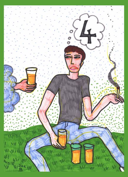 Tarot of the Younger Self: Four of Cups. 
		A drawing by Sushila Burgess.