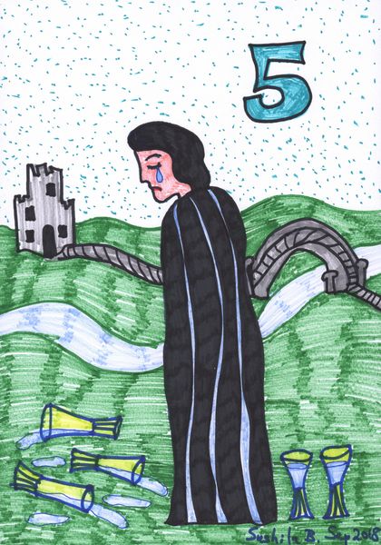 Tarot of the Younger Self: Five of Cups. 
		A drawing by Sushila Burgess.