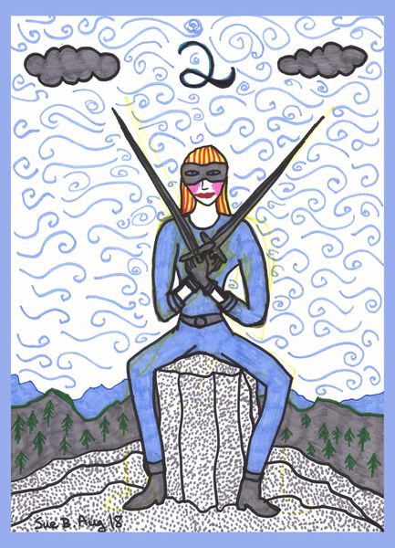 Tarot of the Younger Self: Two of Swords. 
		A drawing by Sushila Burgess.