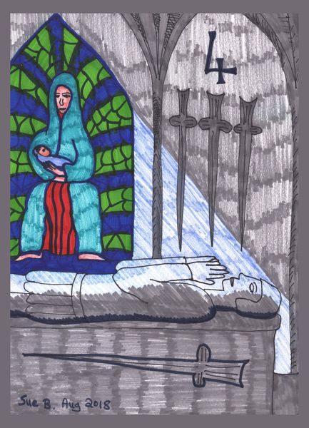 Tarot of the Younger Self: Four of Swords. 
		A drawing by Sushila Burgess.