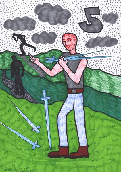 Tarot of the Younger Self: Five of Swords. 
		A drawing by Sushila Burgess.
