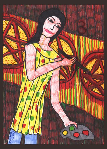 Tarot of the Younger Self: Three of Pentacles. 
		A drawing by Sushila Burgess.