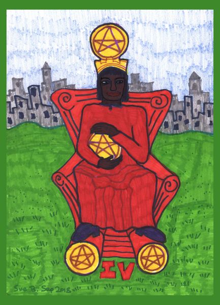 Tarot of the Younger Self: Four of Pentacles. 
		A drawing by Sushila Burgess.