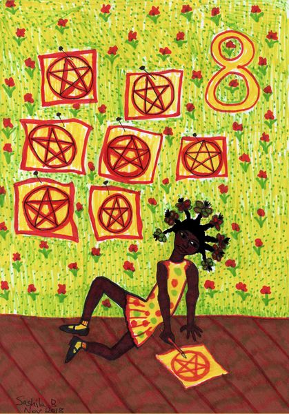 Tarot of the Younger Self: Eight of Pentacles. 
		A drawing by Sushila Burgess.