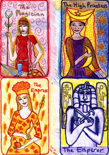 The Glowing Tarot Major Arcana 1-4. A drawing by Sushila Burgess.