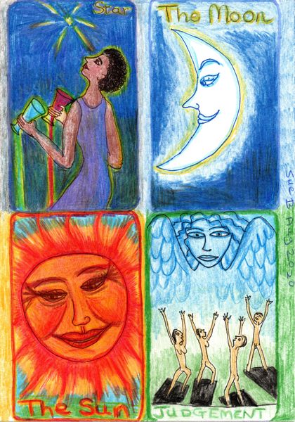 The Glowing Tarot Major Arcana 17-20. A drawing by Sushila Burgess.