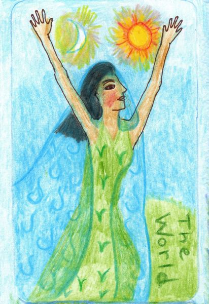 The Glowing Tarot Major Arcana 21. A drawing by Sushila Burgess.