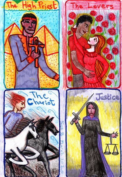 The Glowing Tarot Major Arcana 5-8. A drawing by Sushila Burgess.