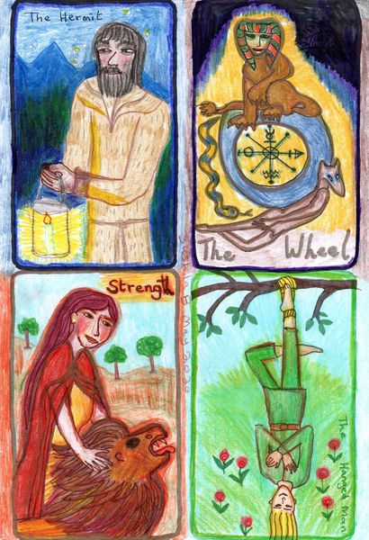 The Glowing Tarot Major Arcana 9-12. A drawing by Sushila Burgess.