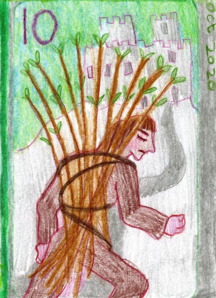 The Glowing Tarot Wands 10. A drawing by Sushila Burgess.