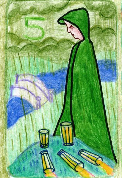 The Glowing Tarot Cups 5. A drawing by Sushila Burgess.