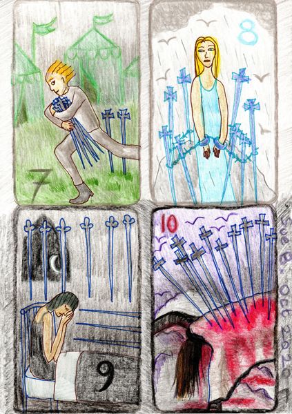 The Glowing Tarot Swords 7 to 10. A drawing by Sushila Burgess.