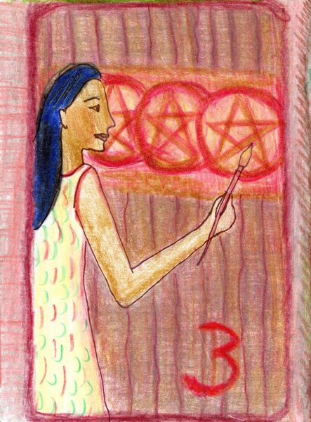 The Glowing Tarot Pentacles 3. A drawing by Sushila Burgess.