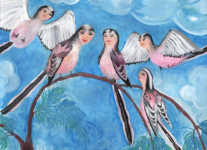 Bird people: Long-Tailed Tits. A painting by Sushila Burgess.