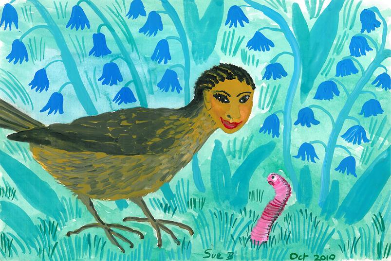 Bird people: blackbird and worm. A painting by Sushila Burgess.