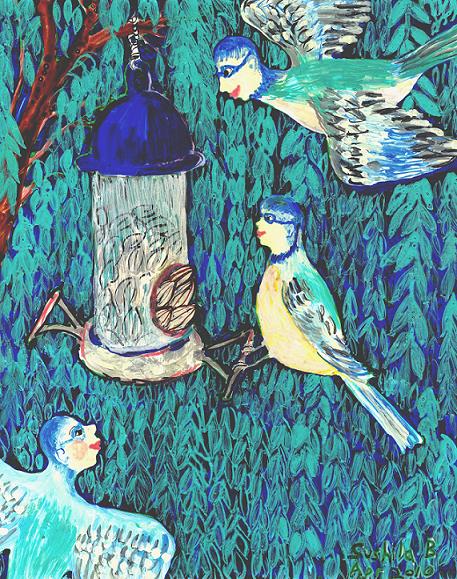 Bird people: the bluetit family. A painting by Sushila Burgess.
