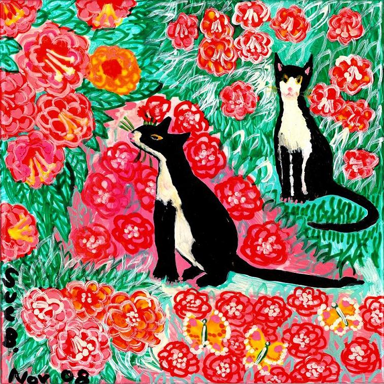 Painted tile with cats and roses