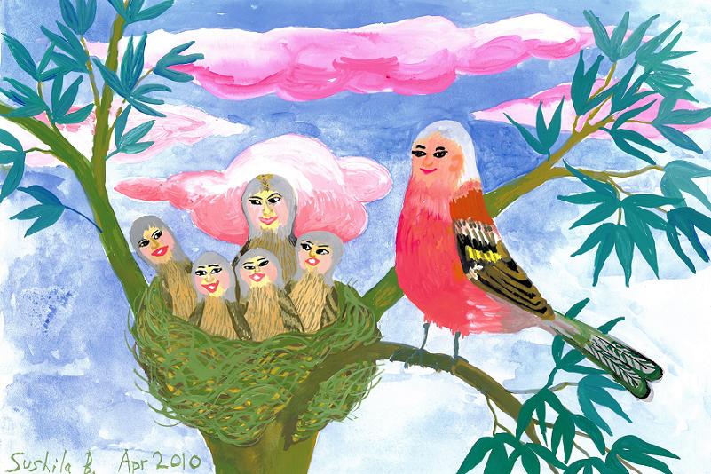 Bird people: chaffinch family. A painting by Sushila Burgess.