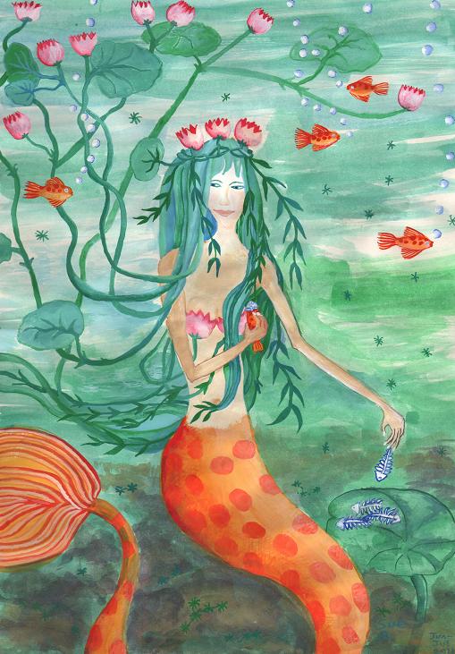 Lily Pond Mermaid with Goldfish Snack painting by Sushila Burgess.