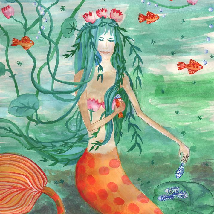 Closeup of Lily Pond Mermaid with Goldfish Snack painting by Sushila Burgess.