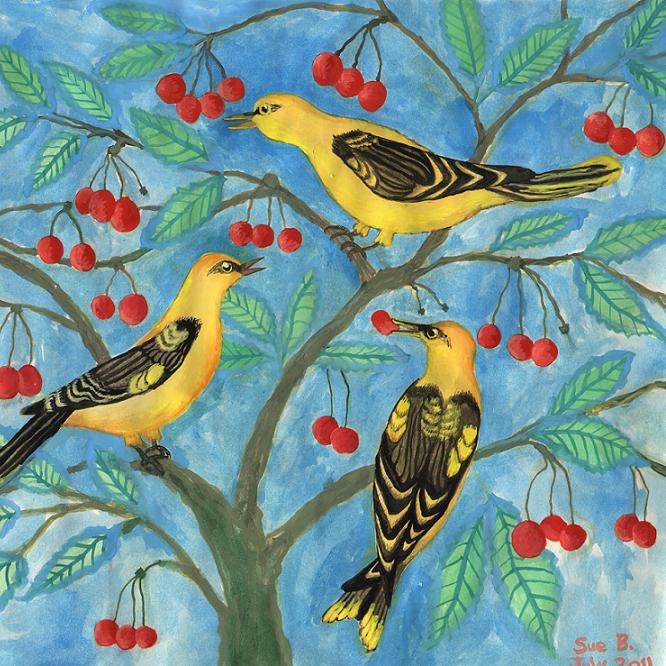 Golden Orioles in a Cherry Tree by Sushila Burgess