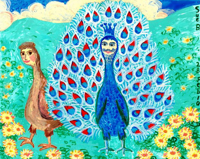 Bird people: Peacock King and Peahen. A painting by Sushila Burgess.