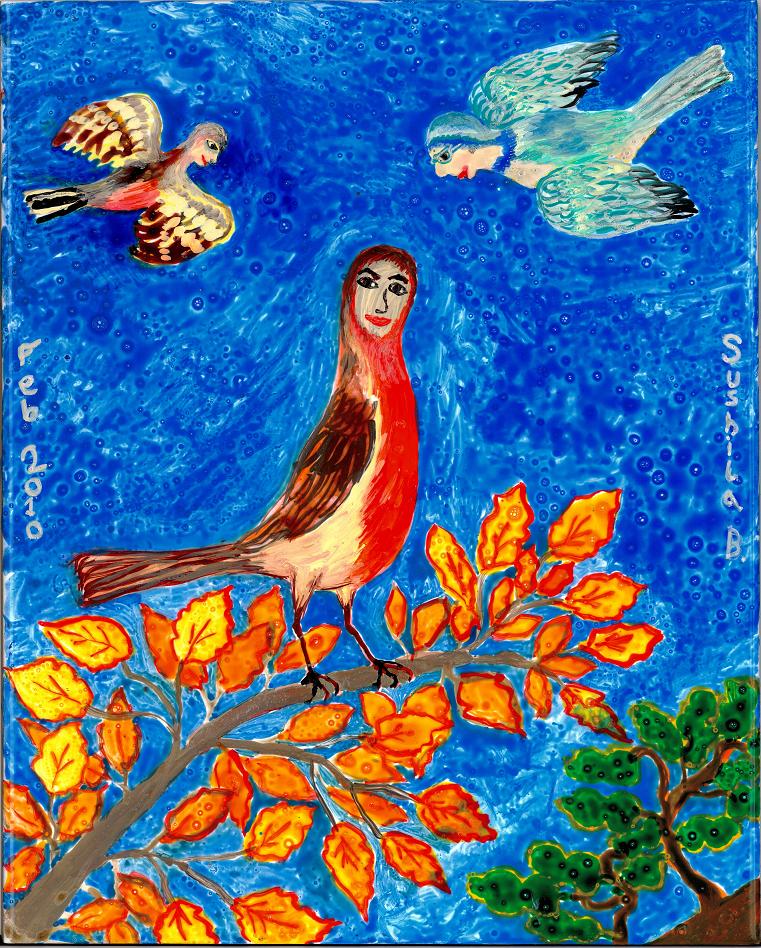 Bird People paintings by Sushila Burgess
