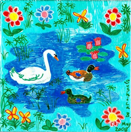 Swan and two ducks. A painting by Sushila Burgess.
