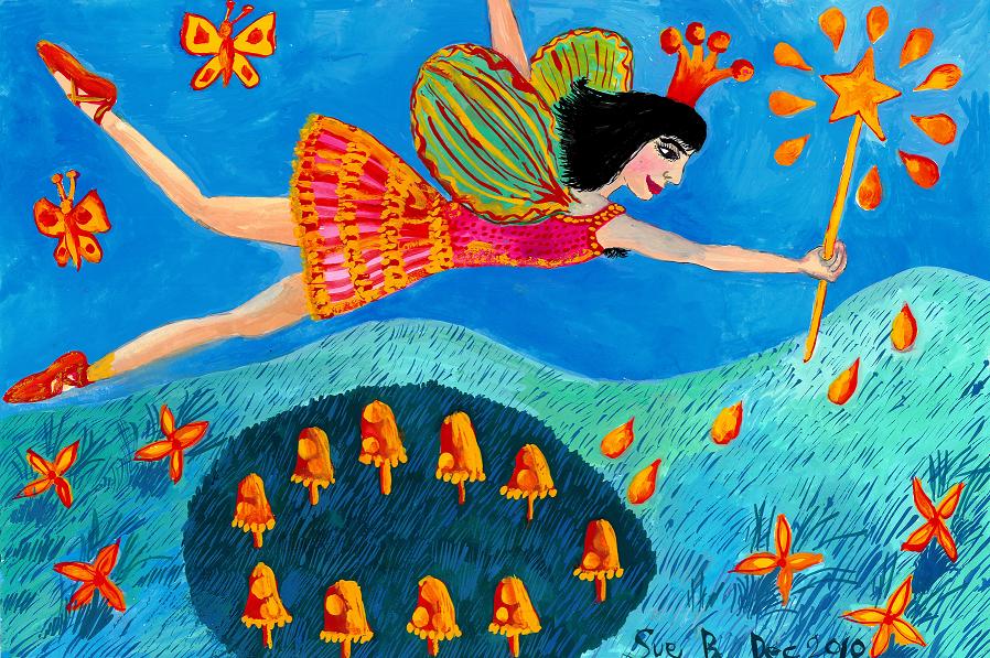 Toadstool Fairy Flies Again painting by Sushila Burgess.