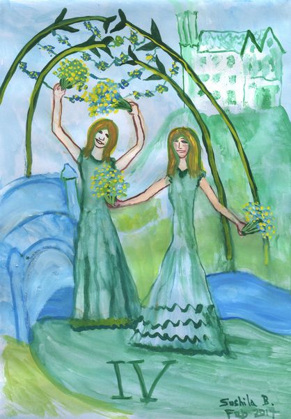 Airy Four of Wands Illustrated. A painting by Sushila Burgess.