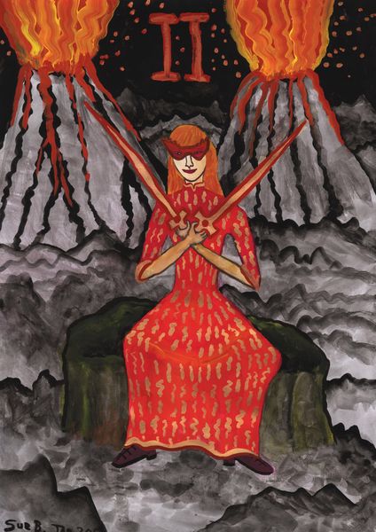 Fiery Two of Swords Illustrated. A painting by Sushila Burgess.