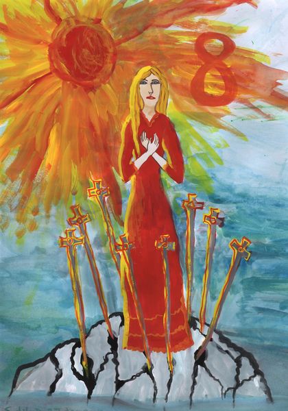 Fiery Eight of Swords Illustrated. A painting by Sushila Burgess.