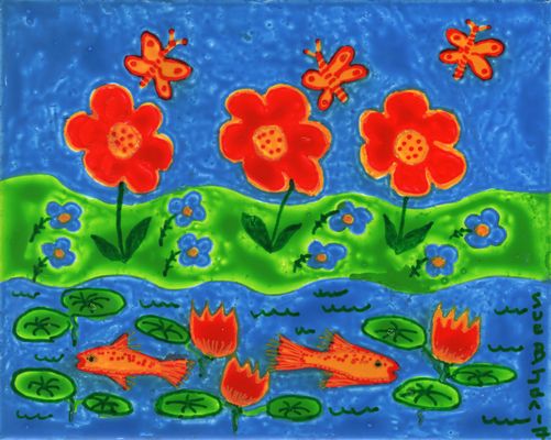 Flowers beside a Goldfish Pond. A painting by Sushila Burgess.